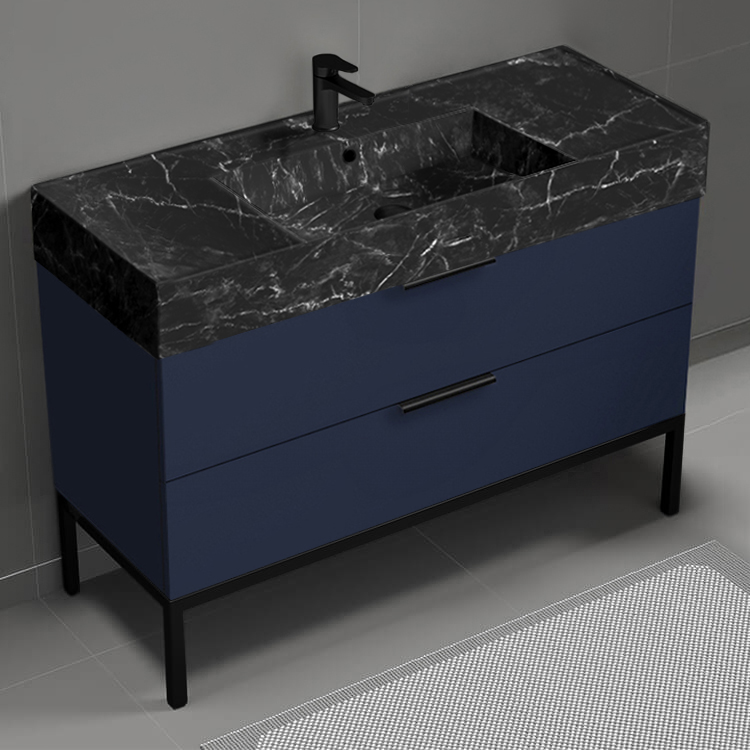 Nameeks DERIN930 48 Inch Bathroom Vanity With Black Marble Design Sink, Free Standing, Night Blue